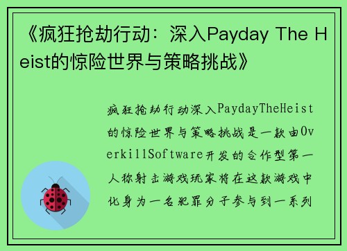 《疯狂抢劫行动:深入Payday The Heist的惊险世界与策略挑战》